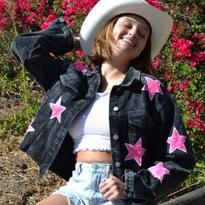 Black and Pink Star Corduroy Western Cowgirl Jacket, Country Jacket